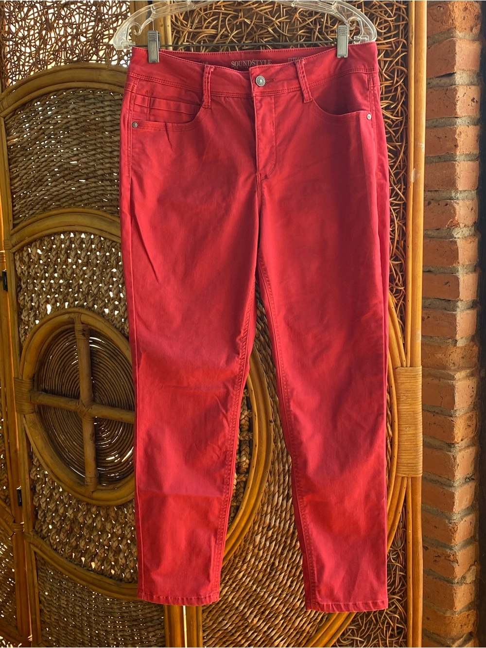 Soundstyle Red Cropped Stretch Slim Jeans for Women